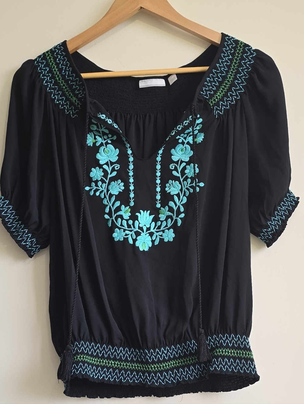 New York & Company Black Peasant Blouse with Turquoise Embroidery